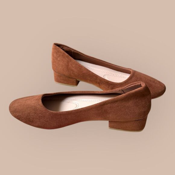 Shein Women's Size 7 38 Brown Faux Suede Heeled Slip On Loafers Pumps - Picture 2 of 9